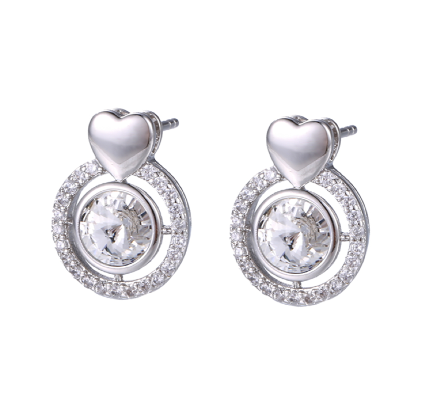 Clear Swarovski Crystal Circular Heart Pave Stud Earrings
