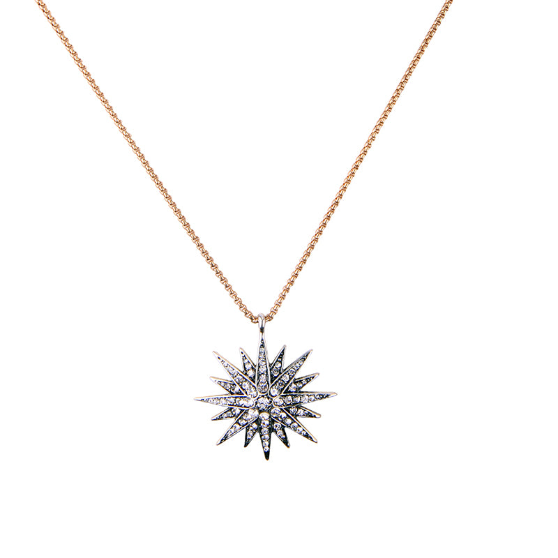 Brass & Crystal Sunburst Pendant Necklace
