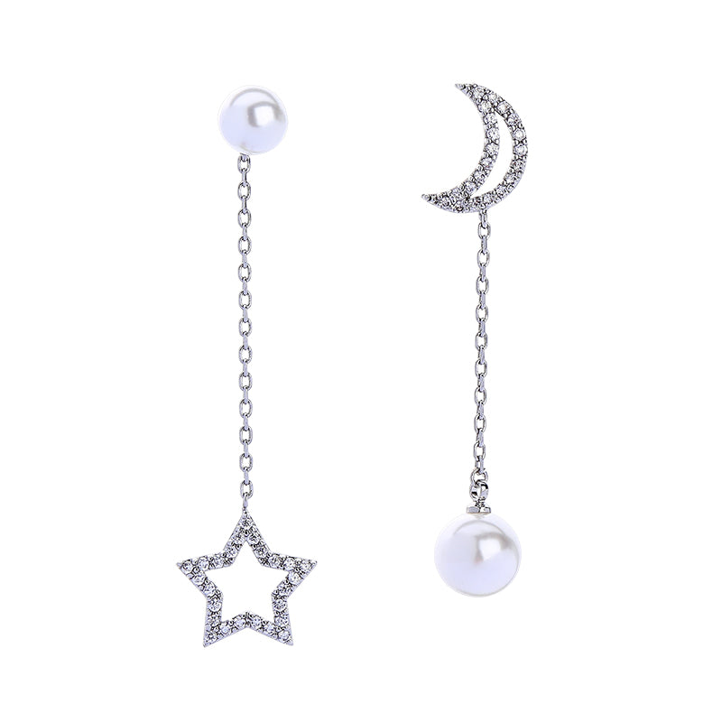 Asymmetrical Moon And Star Drop Earrings With Imitation Pearls