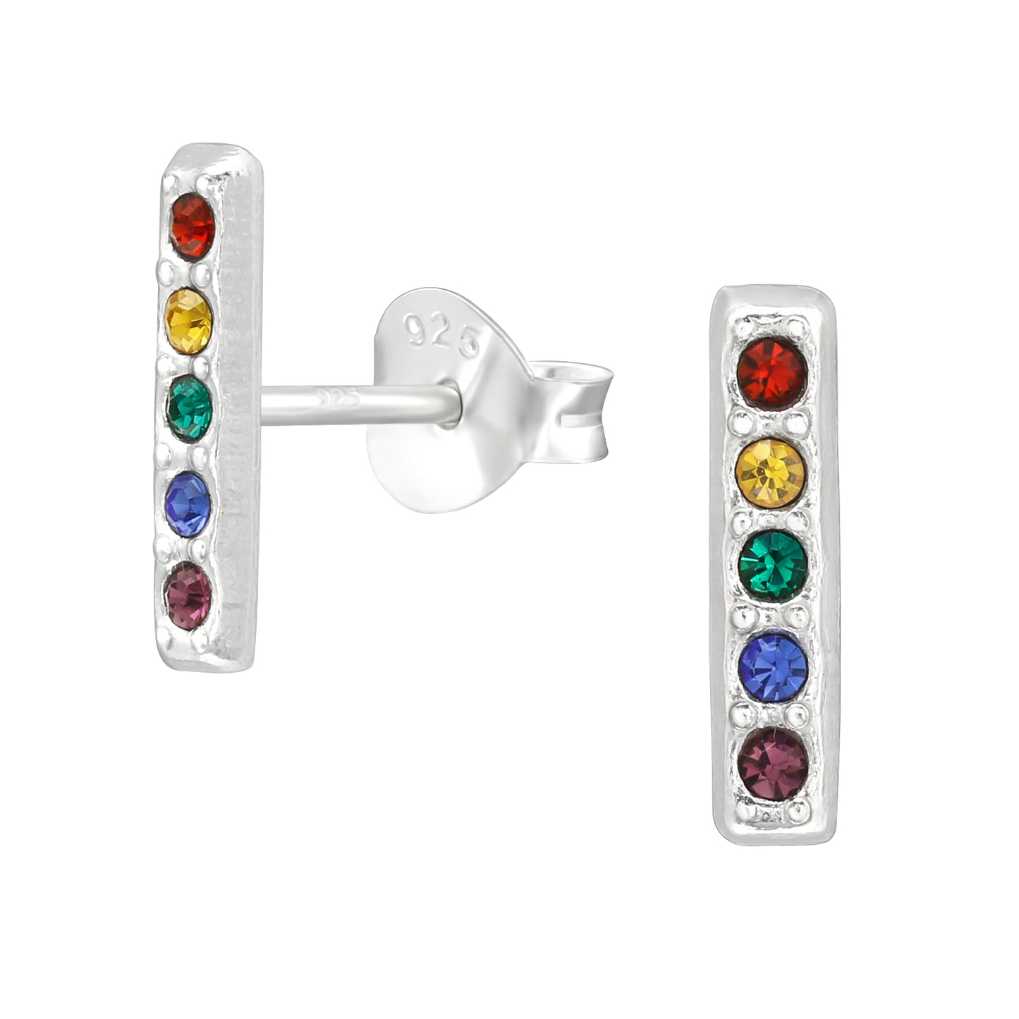 Sterling Silver Multi Colored Cubic Zirconia Bar Stud Earrings