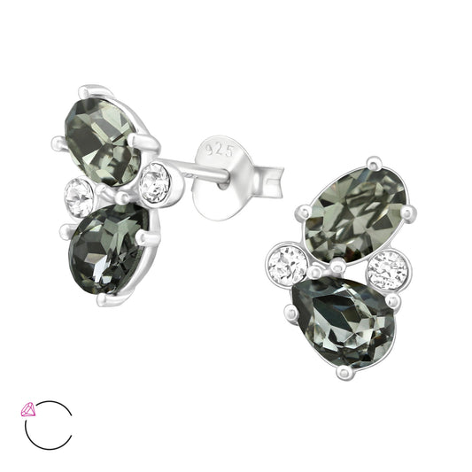 Sterling Silver Crystal Black Teardrop Clustered Stud Earrings