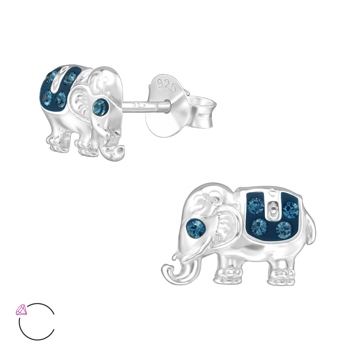 Sterling Silver Blue Crystal Elephant Stud Earrings