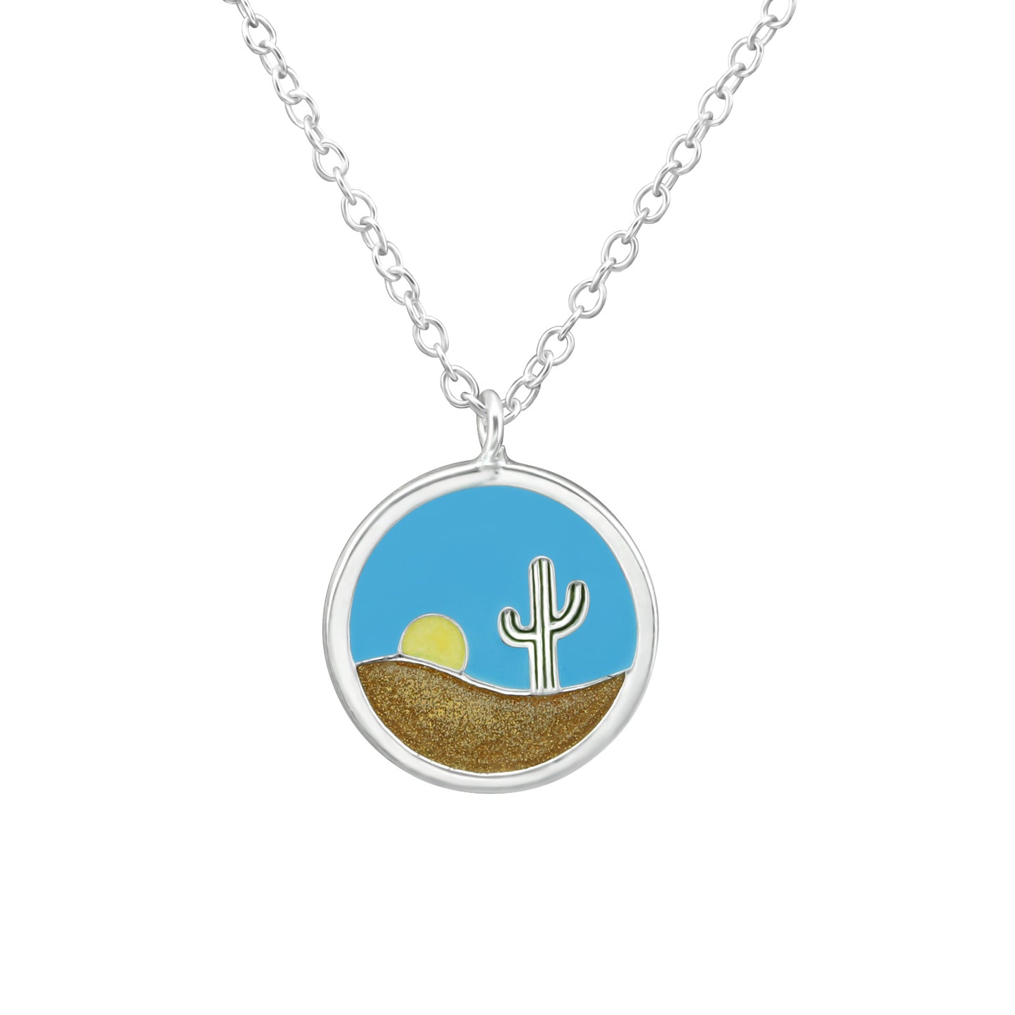 Sterling Silver Blue Desert Cactus Circular Pendant Necklace