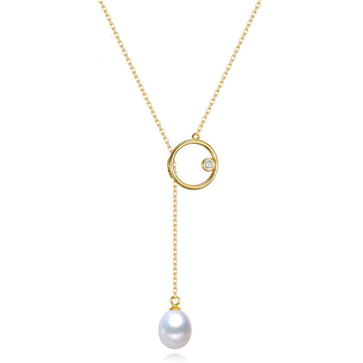 Goldtone And White Freshwater Pearl Open Circle Cubic Zirconia Pendant Necklace