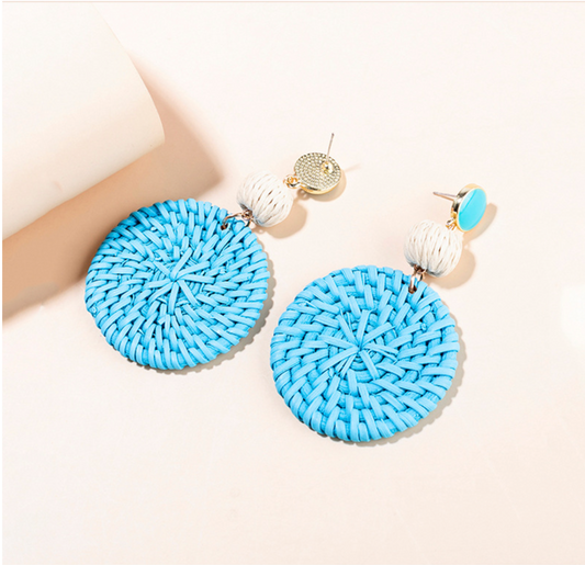 Blue Rattan Circular Drop Earrings