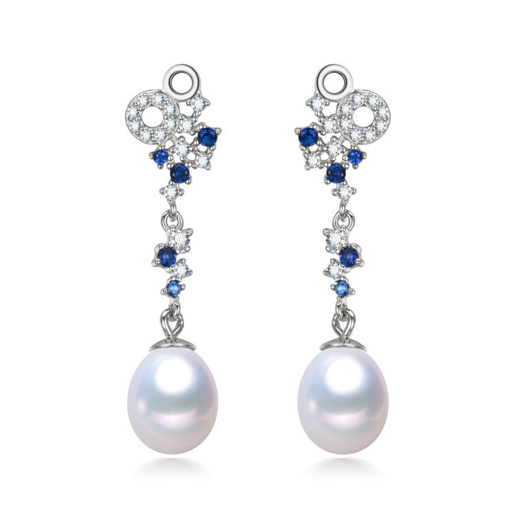 White Freshwater Pearl Clear Sapphire Cubic Zirconia Clustered Drop Earrings