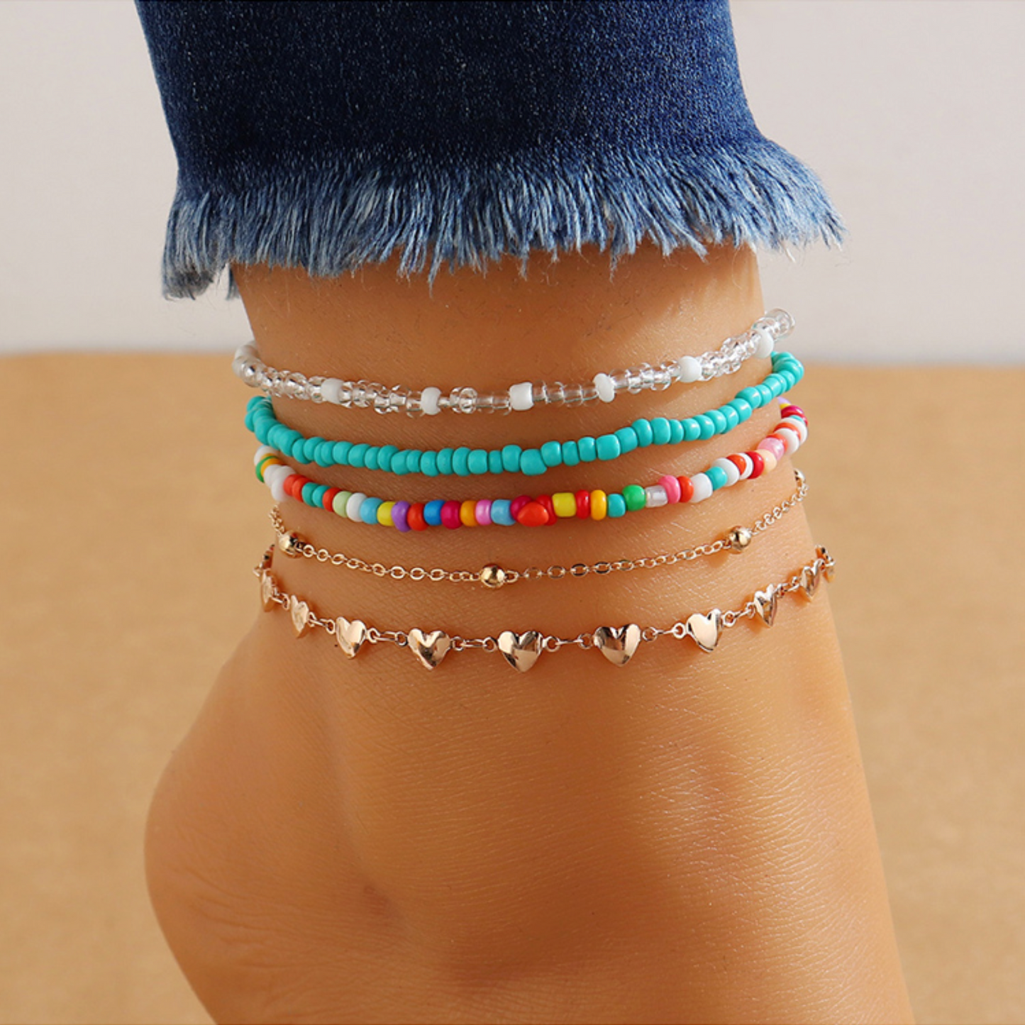 Turquoise Multi Colored Beaded Anklet Set With Silver Hearts