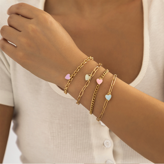 Goldtone Pastel Hearts Set Of 4 Bracelets