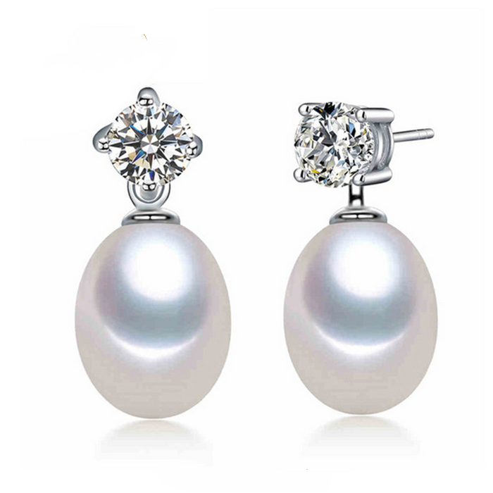 Oval White Freshwater Pearl Cubic Zirconia Stud Earrings