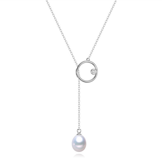 White Freshwater Pearl Open Circle Cubic Zirconia Pendant Necklace