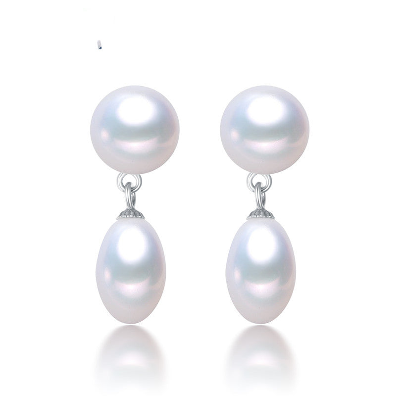 White Freshwater Round And Oval Pearl Drop Earrings