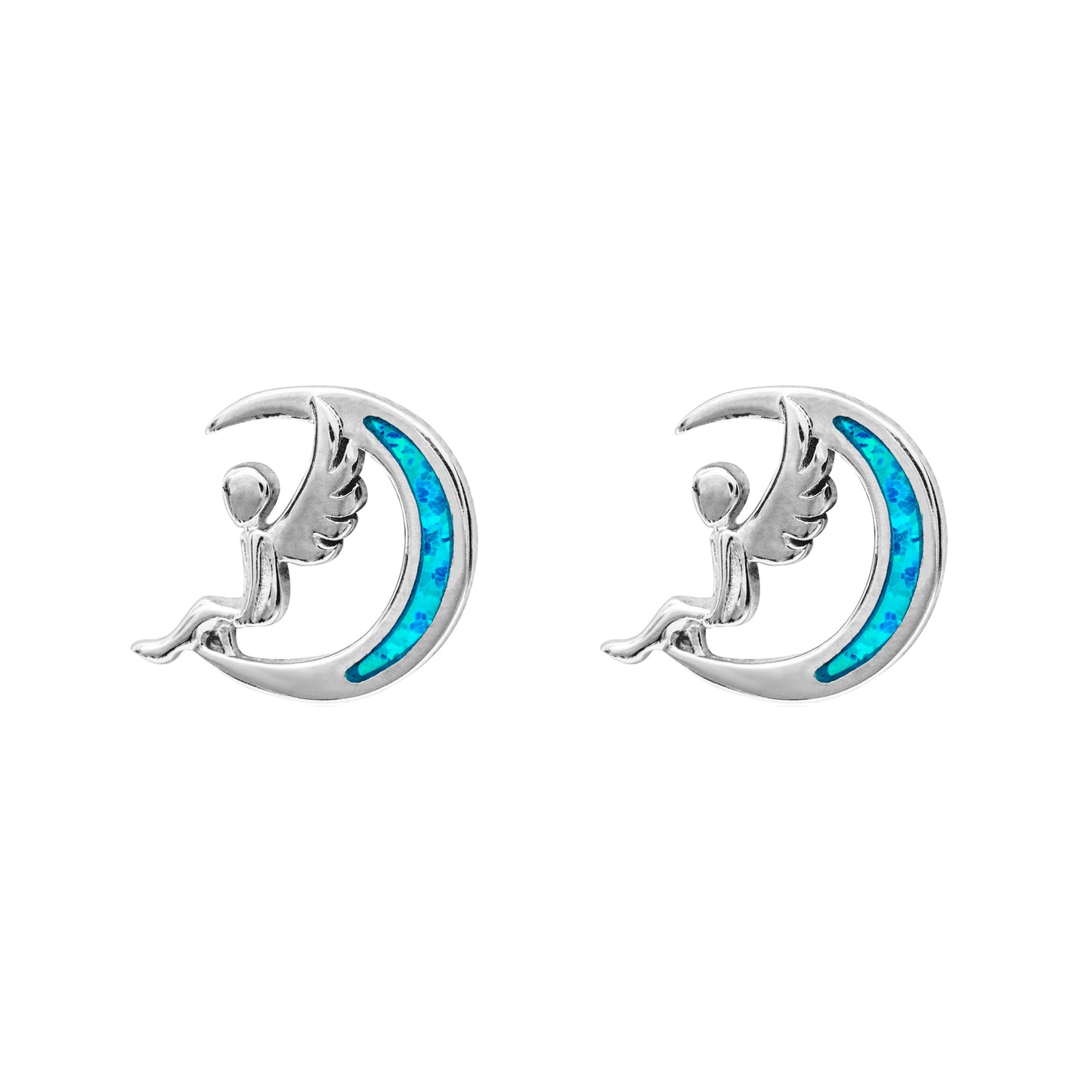 Sterling Silver Blue Opal Crescent Moon And Fairy Stud Earrings