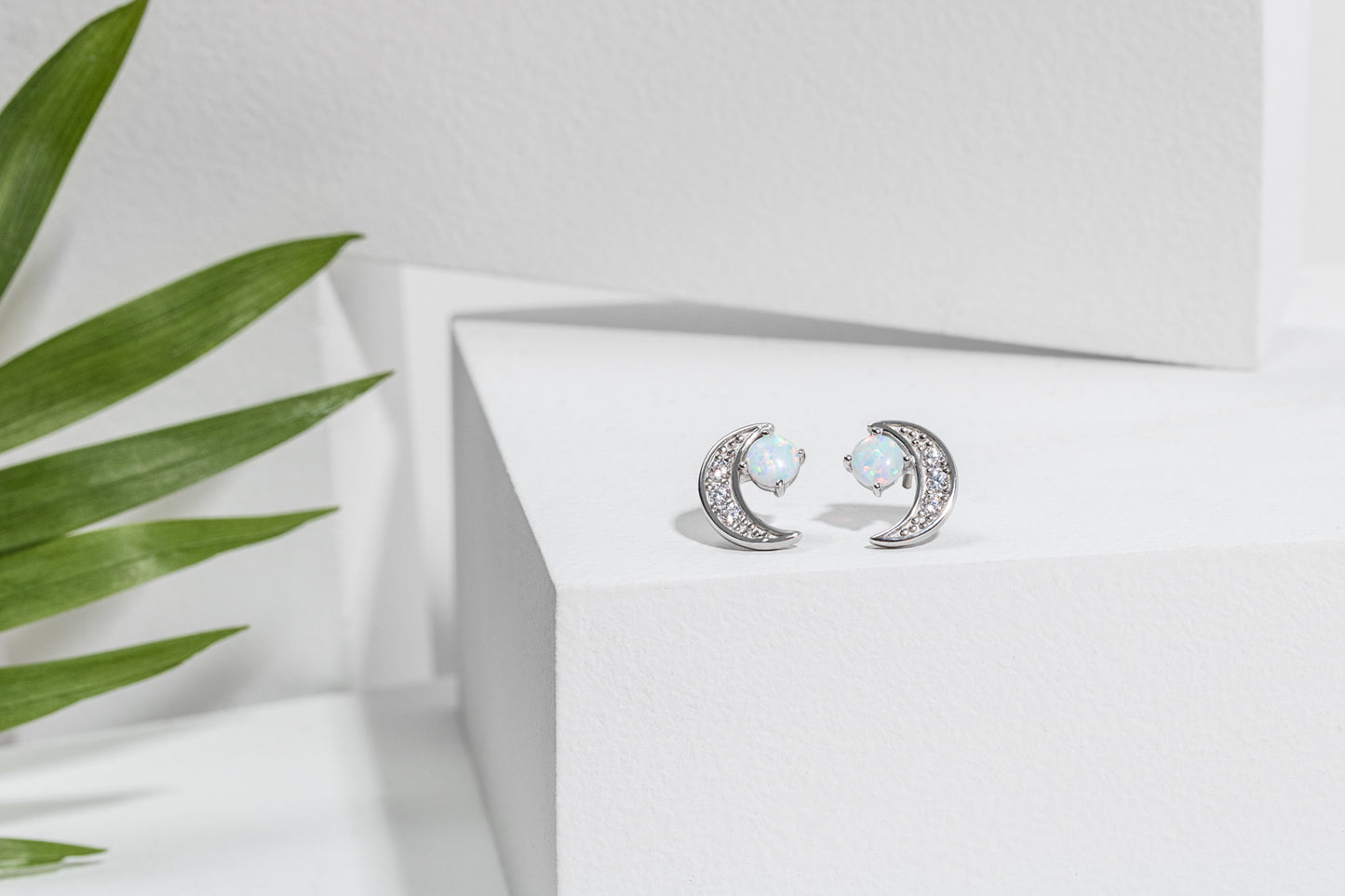 Sterling Silver Cubic Zirconia White Opal Crescent Moon Stud Earrings