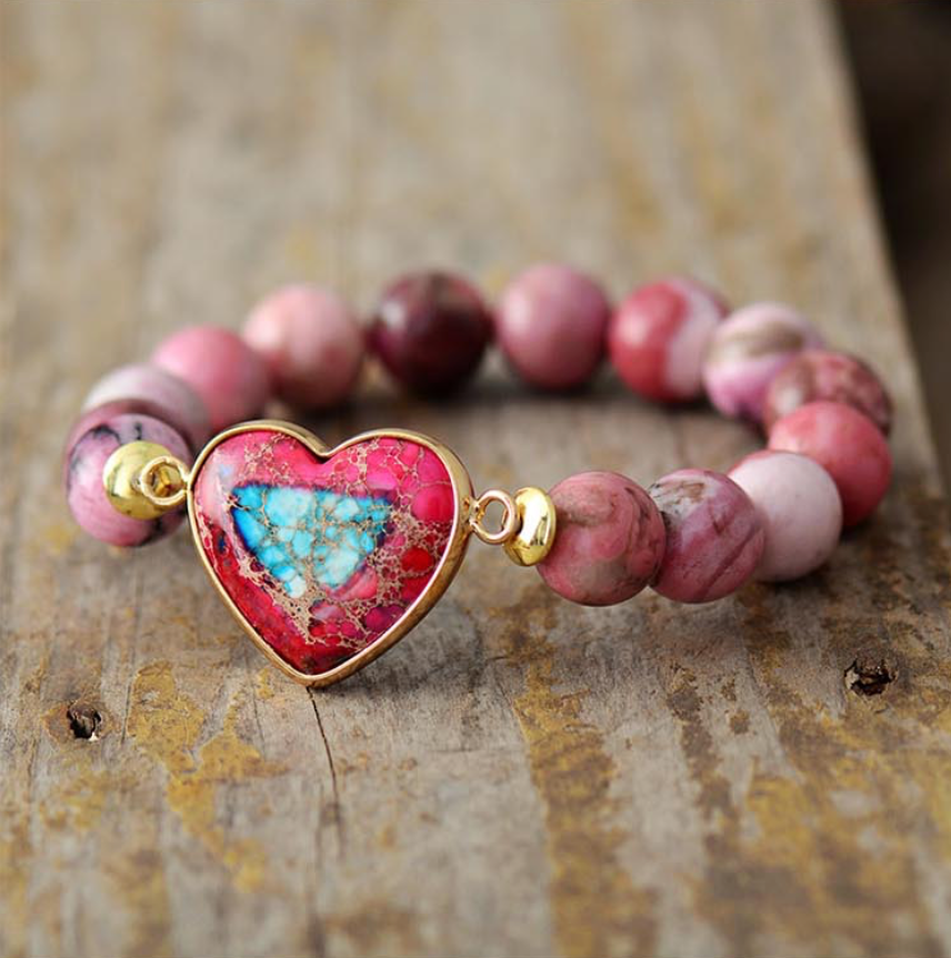 Pink Beaded Howlite Gemstone Heart Bracelet
