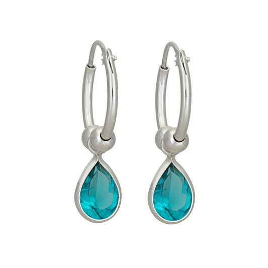 Sterling Silver Aqua Cubic Zirconia Teardrop Huggie Hoop Earrings