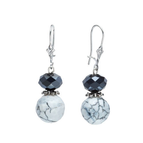 Black White Cracked Agate Faceted Bead Drop Earrings