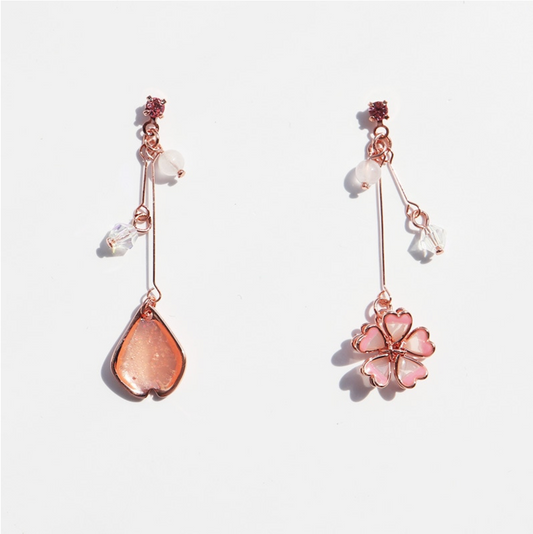 Asymmetrical Pink Crystal Floral Drop Earrings