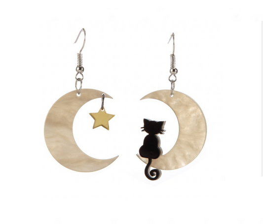 Black Cat Goldtone Crescent Moon Asymmetrical Drop Earrings