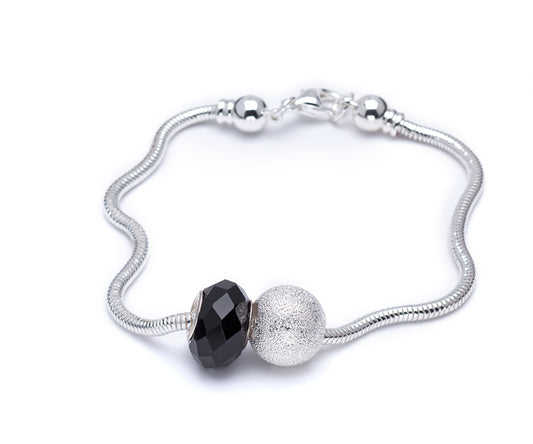 Silver Plated Charm Bracelet With Black Faceted Crystal Charm