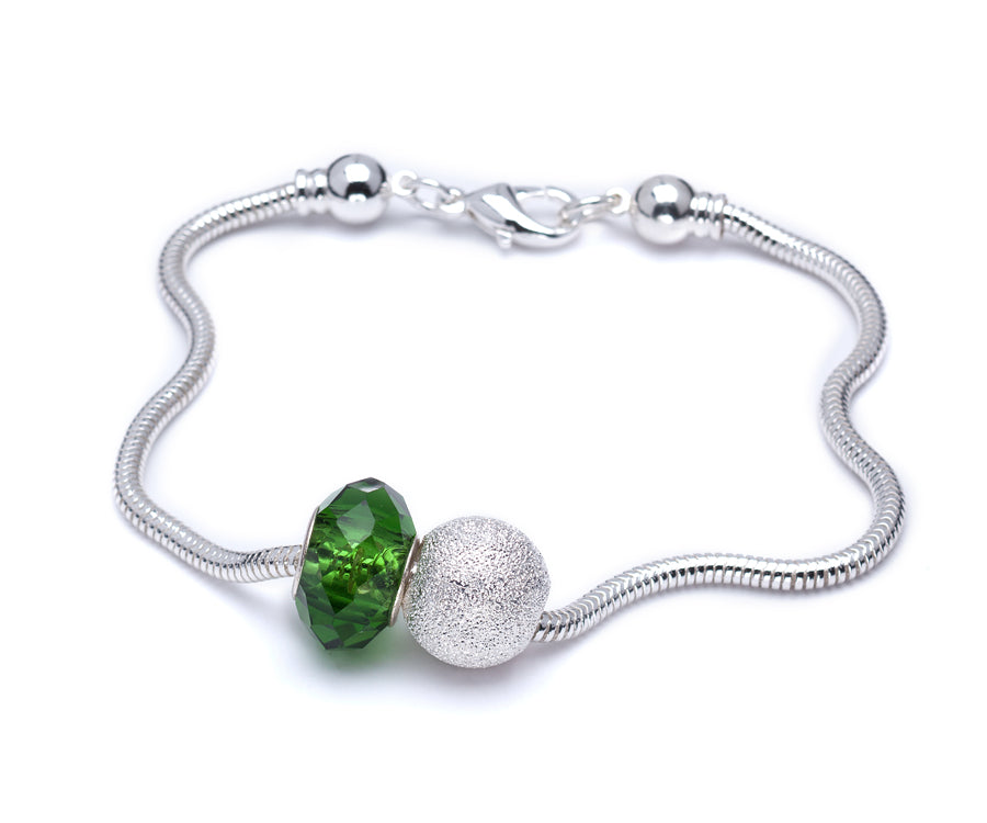 Silver Plated Charm Bracelet With Green Faceted Crystal Charm