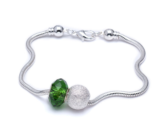 Silver Plated Charm Bracelet With Green Faceted Crystal Charm