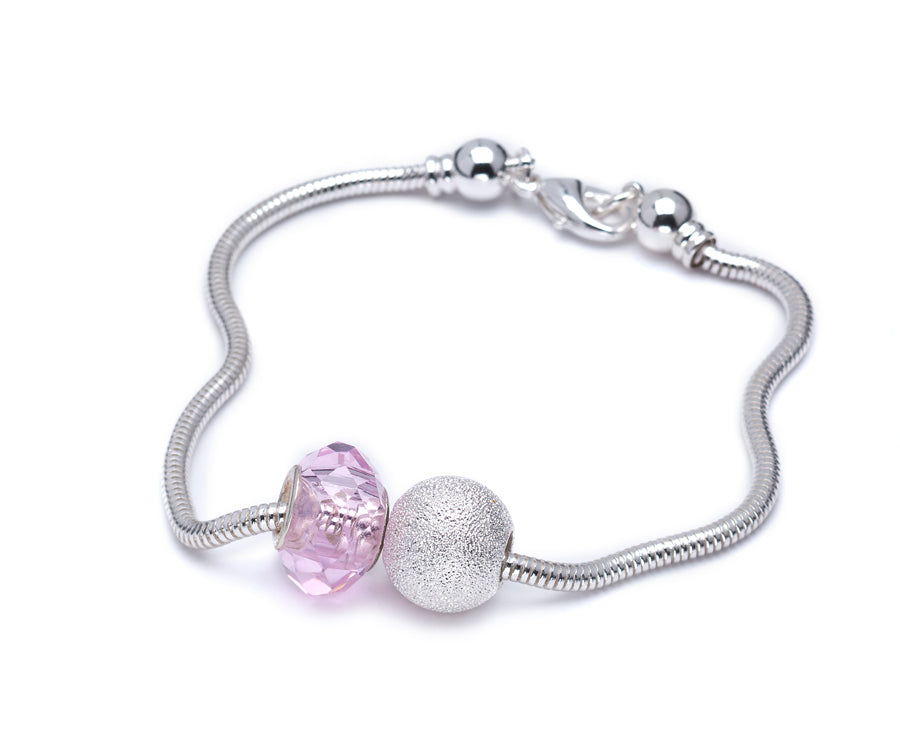 Silver Plated Charm Bracelet With Pink Faceted Crystal Charm
