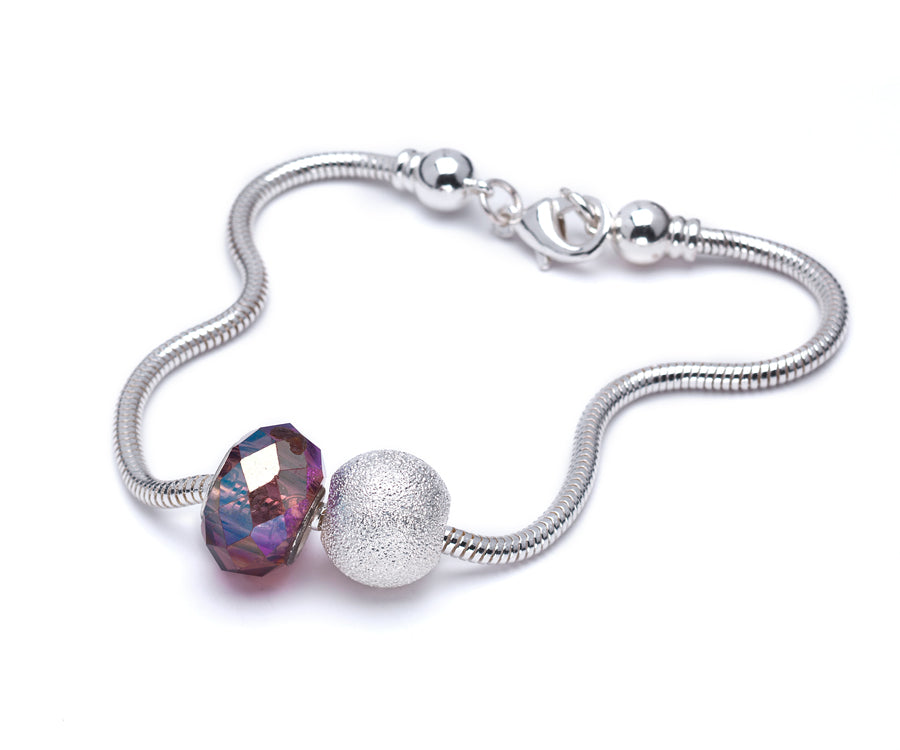 Silver Plated Charm Bracelet With Purple Faceted Crystal Charm