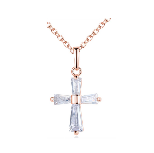 Rose Goldtone Clear Cubic Zirconia Cross Pendant Necklace
