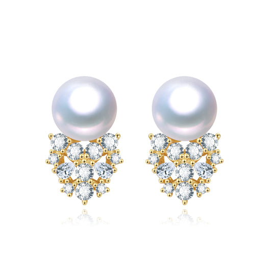 White Freshwater Pearl Goldtone Cubic Zirconia Clustered Stud Earrings