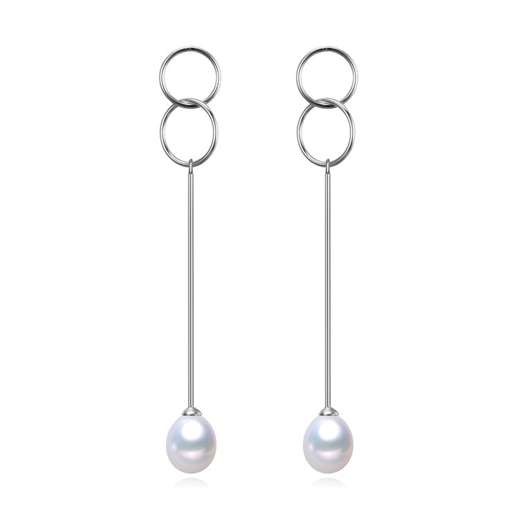 White Freshwater Pearl Sterling Silver Dual Circle Bar Drop Earrings