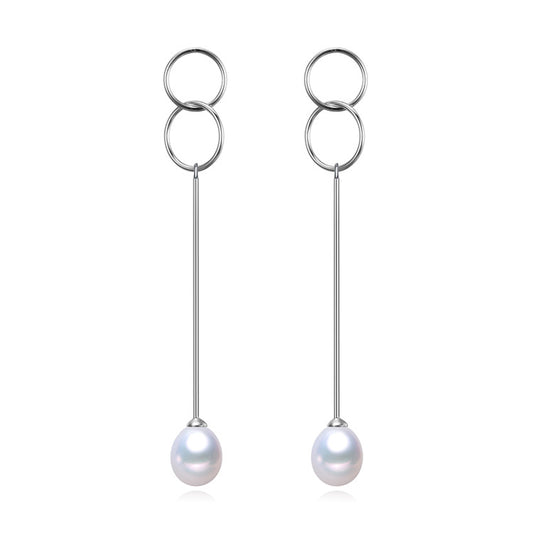 White Freshwater Pearl Sterling Silver Dual Circle Bar Drop Earrings