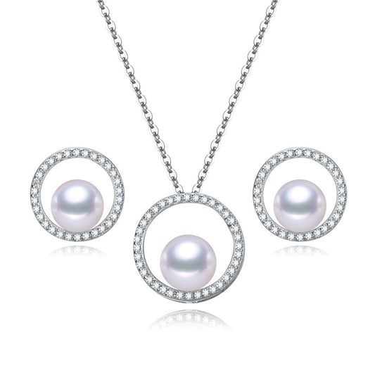 Sterling Silver Cubic Zirconia Open Circle Freshwater Pearl Necklace And Earring Set
