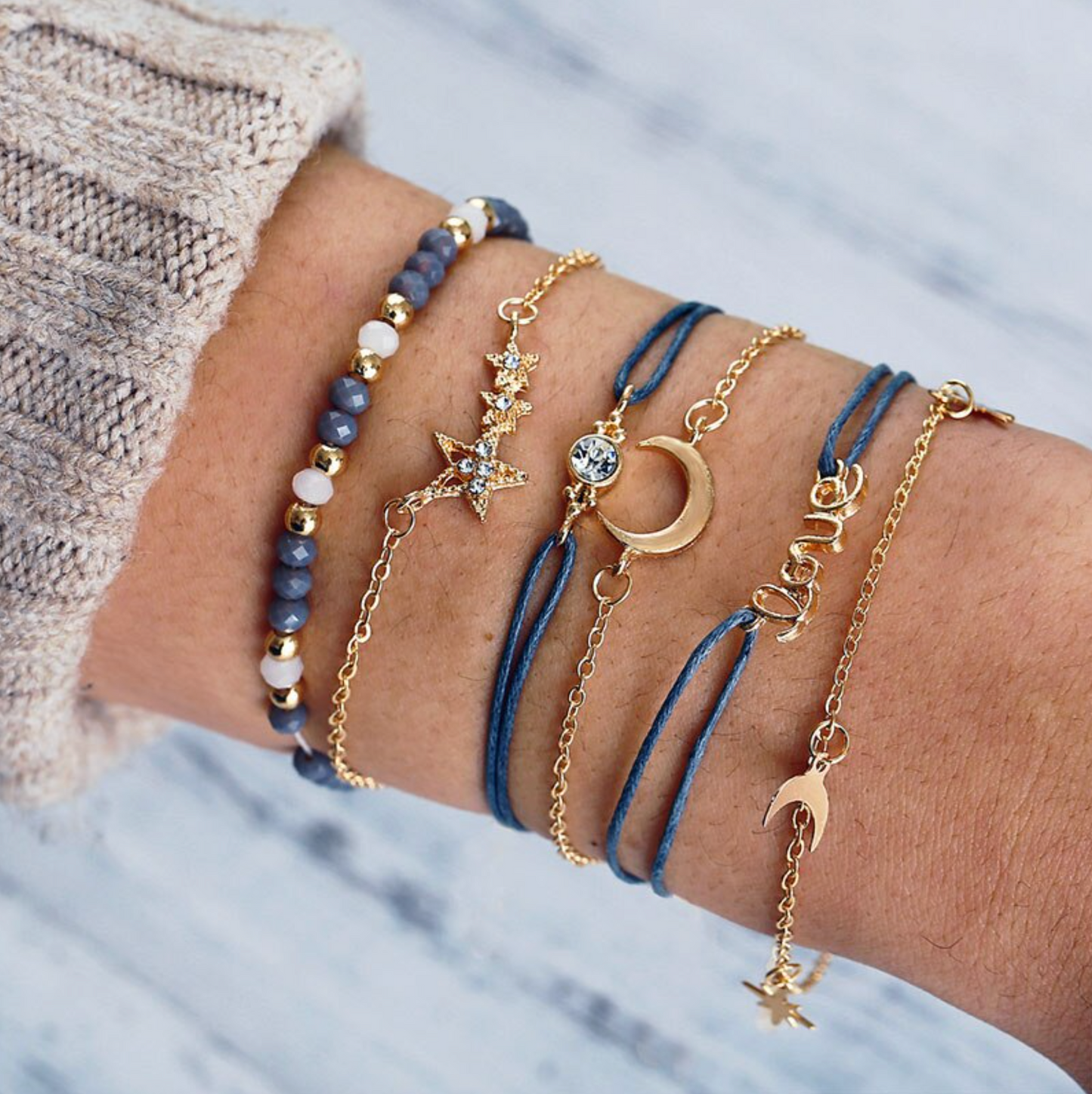 Goldtone Navy Blue Celestial Bracelet Set