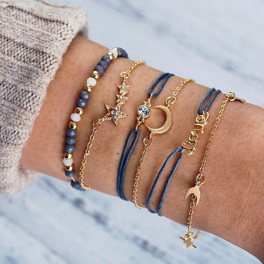 Goldtone Navy Blue Celestial Bracelet Set