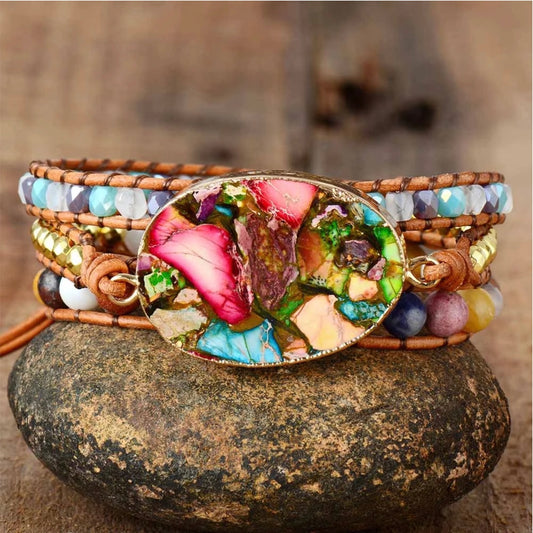 Multicoloured Marbled Jasper Gemstone Oval Beaded Wrap Bracelet