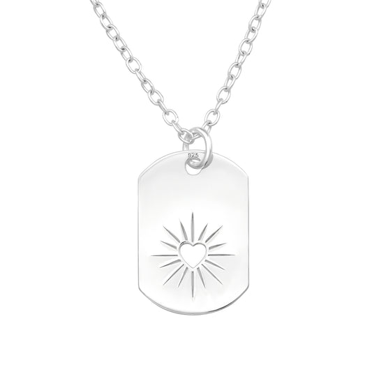 Sterling Silver Heart Sunburst Dog Tag Pendant Necklace