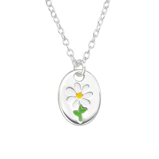 Sterling Silver Daisy Oval Pendant Necklace