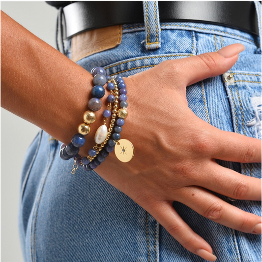 Blue Goldtone Beaded Bracelet Set With Freshwater Pearl