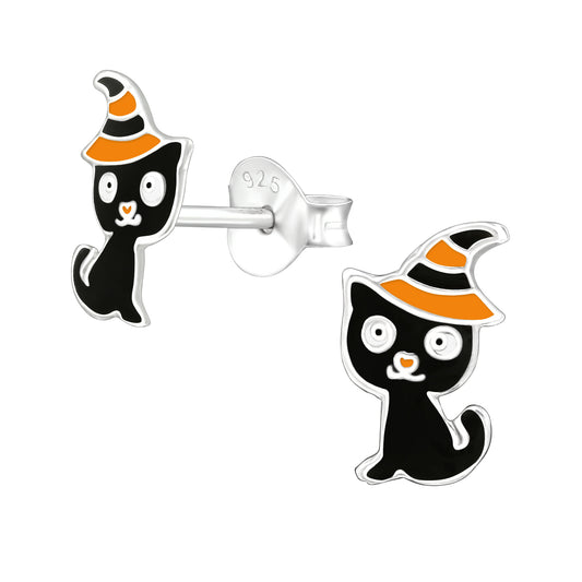 Sterling Silver Black Cat In Witch's Hat Stud Earrings