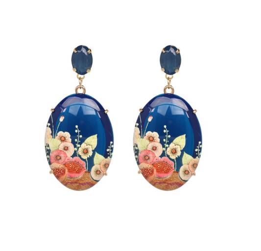 Blue Multi Colored Floral Oval Drop Earrings