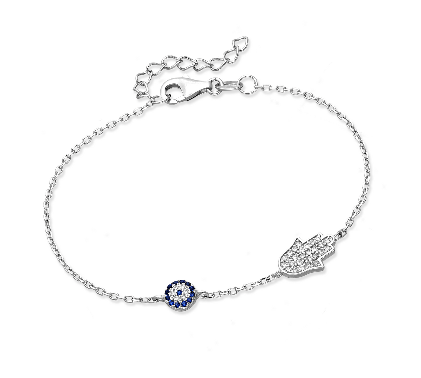 Sterling Silver Hamsa and Evil Eye Bracelet in Sapphire Blue and Clear CZ