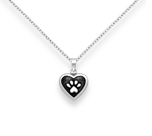 Sterling Silver Blacked Out Heart Paw Print Pendant Necklace