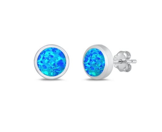 Sterling Silver 9mm Blue Lab Opal Circular Stud Earrings