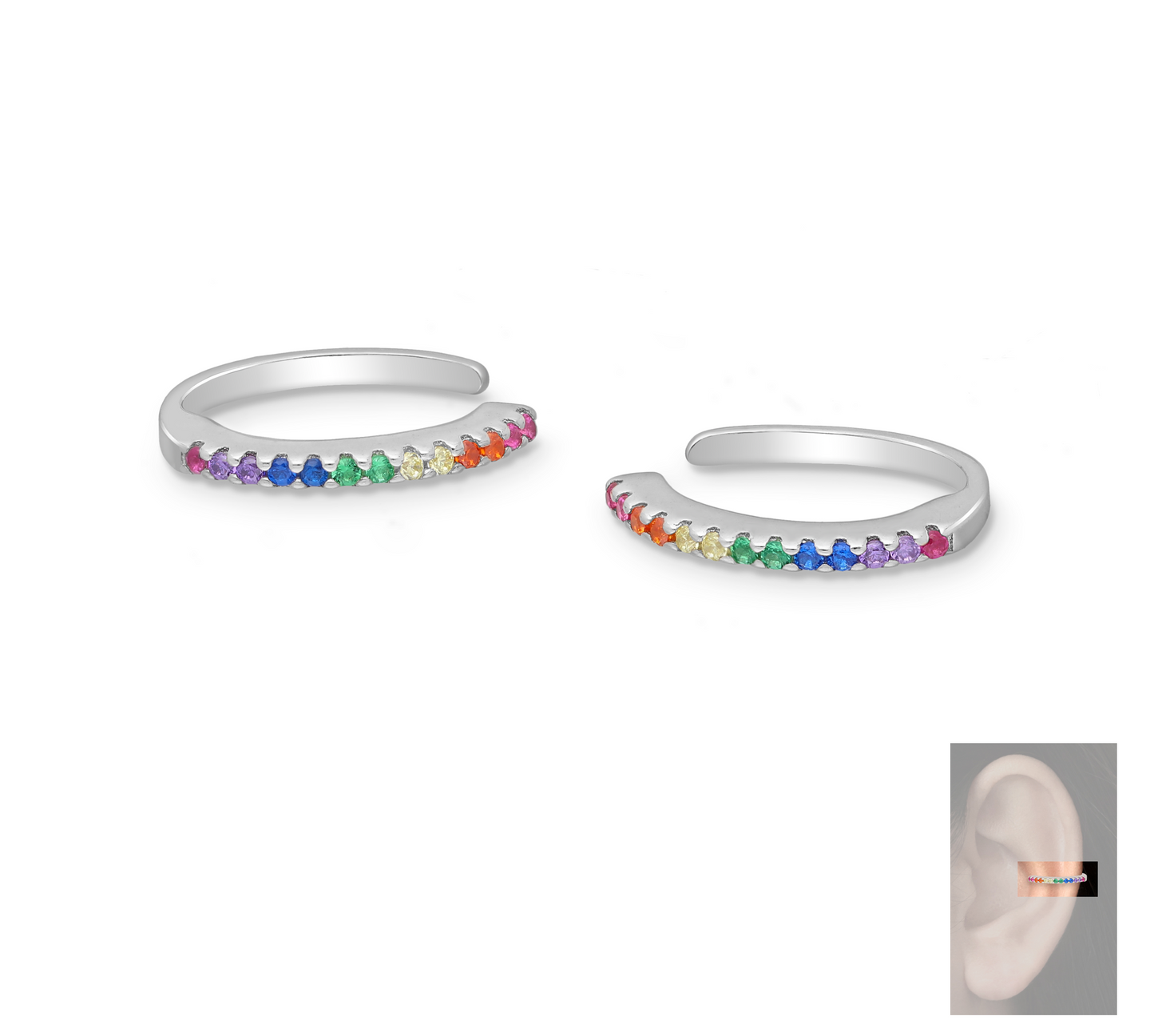 Sterling Silver Cubic Zirconia Multi Colored Ear Cuffs