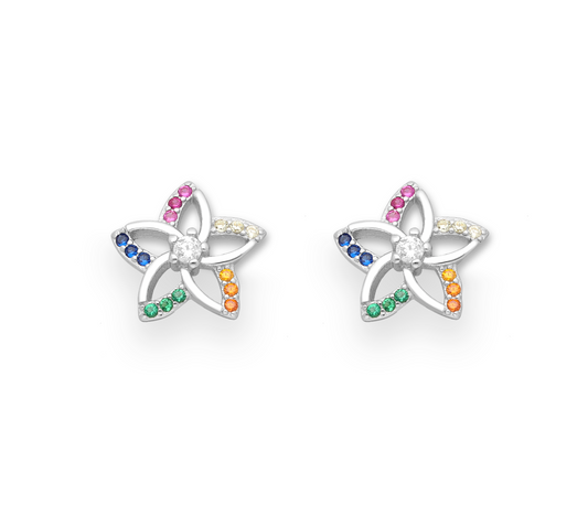 Sterling Silver Multi Colored Cubic Zirconia Open Flower Stud Earrings