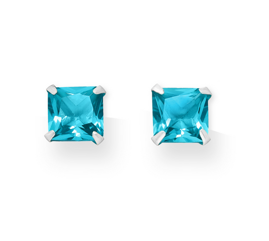 Sterling Silver Aqua Cubic Zirconia Square Prong Set Stud Earrings