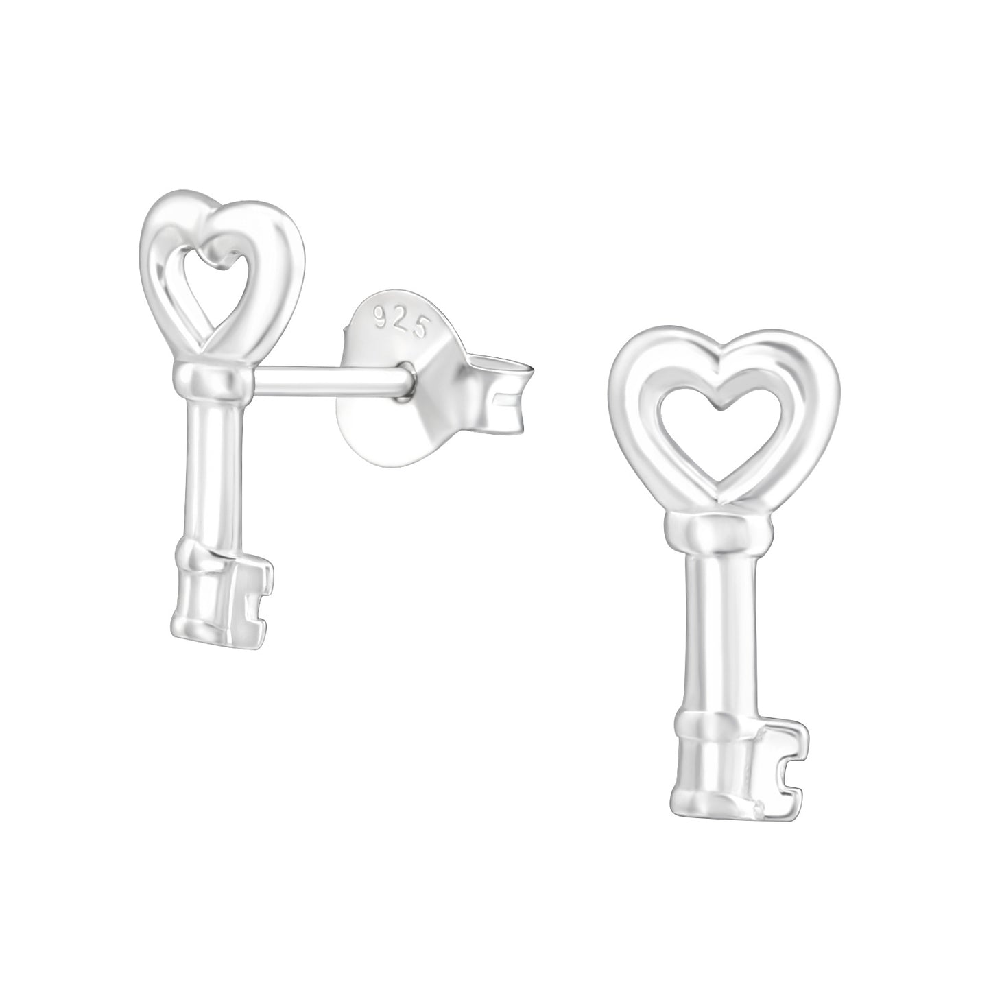 Sterling Silver Heart Key Stud Earrings