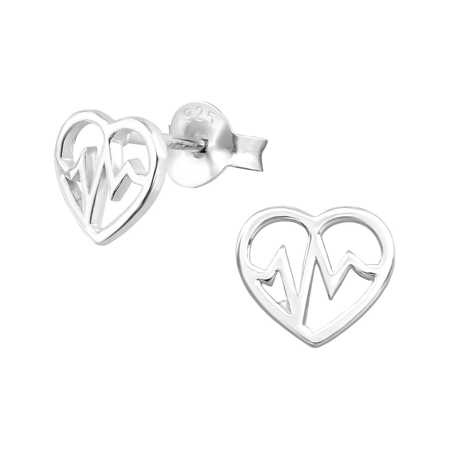 Sterling Silver Heart And Heartbeat Stud Earrings
