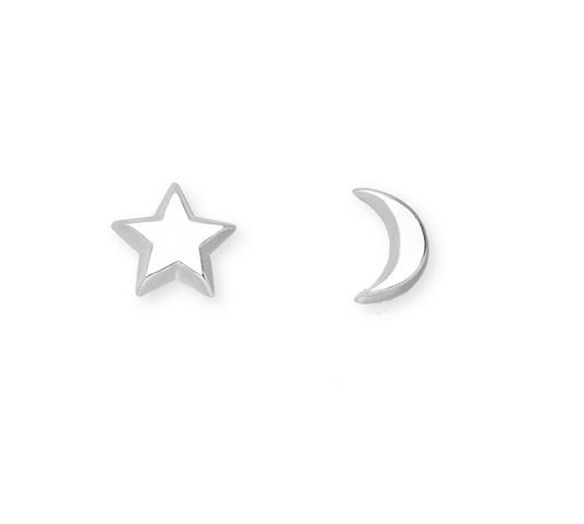 Sterling Silver Asymmetrical Moon Star Stud Earrings