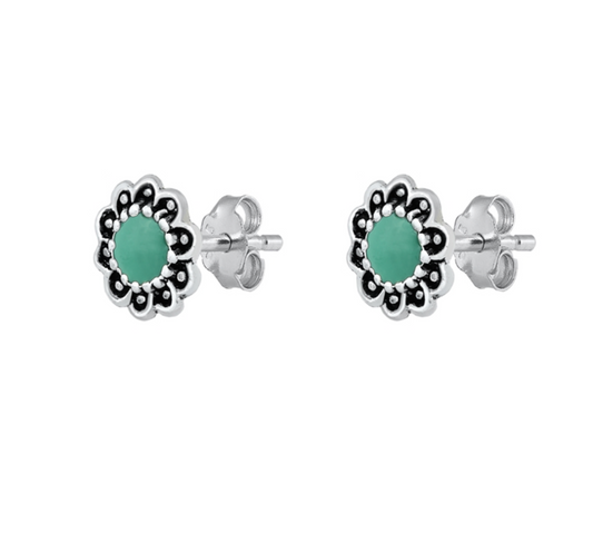 Sterling Silver Simulated Turquoise Floral Stud Earrings